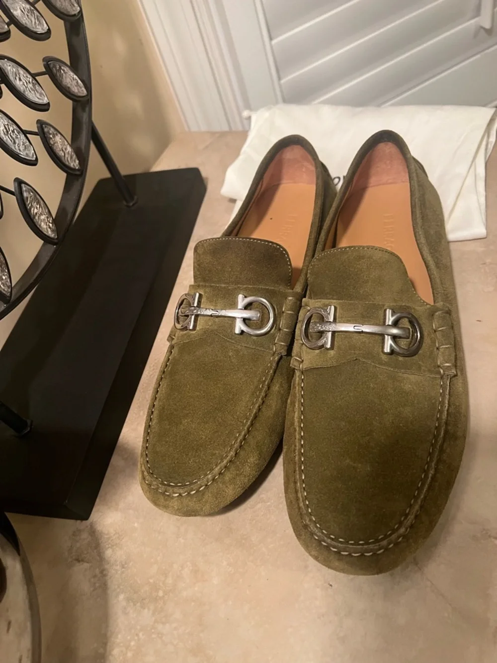 Salvatore Ferragamo Men's Olive Suede Bit Loafers - Elegant Slip-On Style